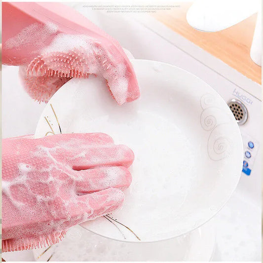 Silicone Dish Washing Gloves with Built-in Scrubber (Imported)