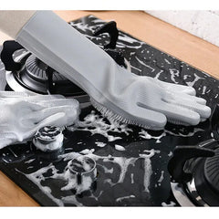 Silicone Dish Washing Gloves with Built-in Scrubber (Imported)